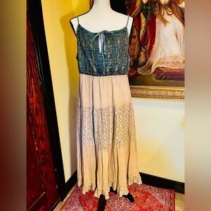 Bohemian Western Blue and Caramel Midi Dress Embroidered Denim Lace Sz Large NWT